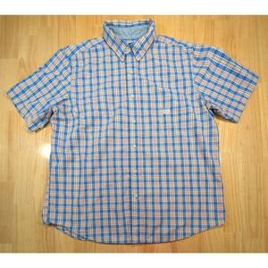 Chaps Mens XL Short Sleeve Button Down Shirt Blue Plaid Easy Care Cotton Blend